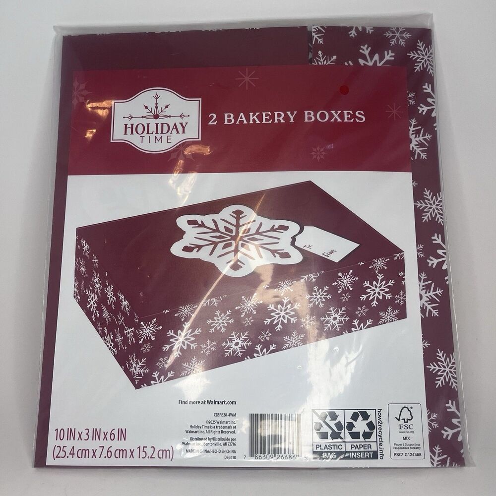 Holiday Time Christmas 2 Bakery Boxes 10x3x6 Snowflake Design 2 Pack - NEW